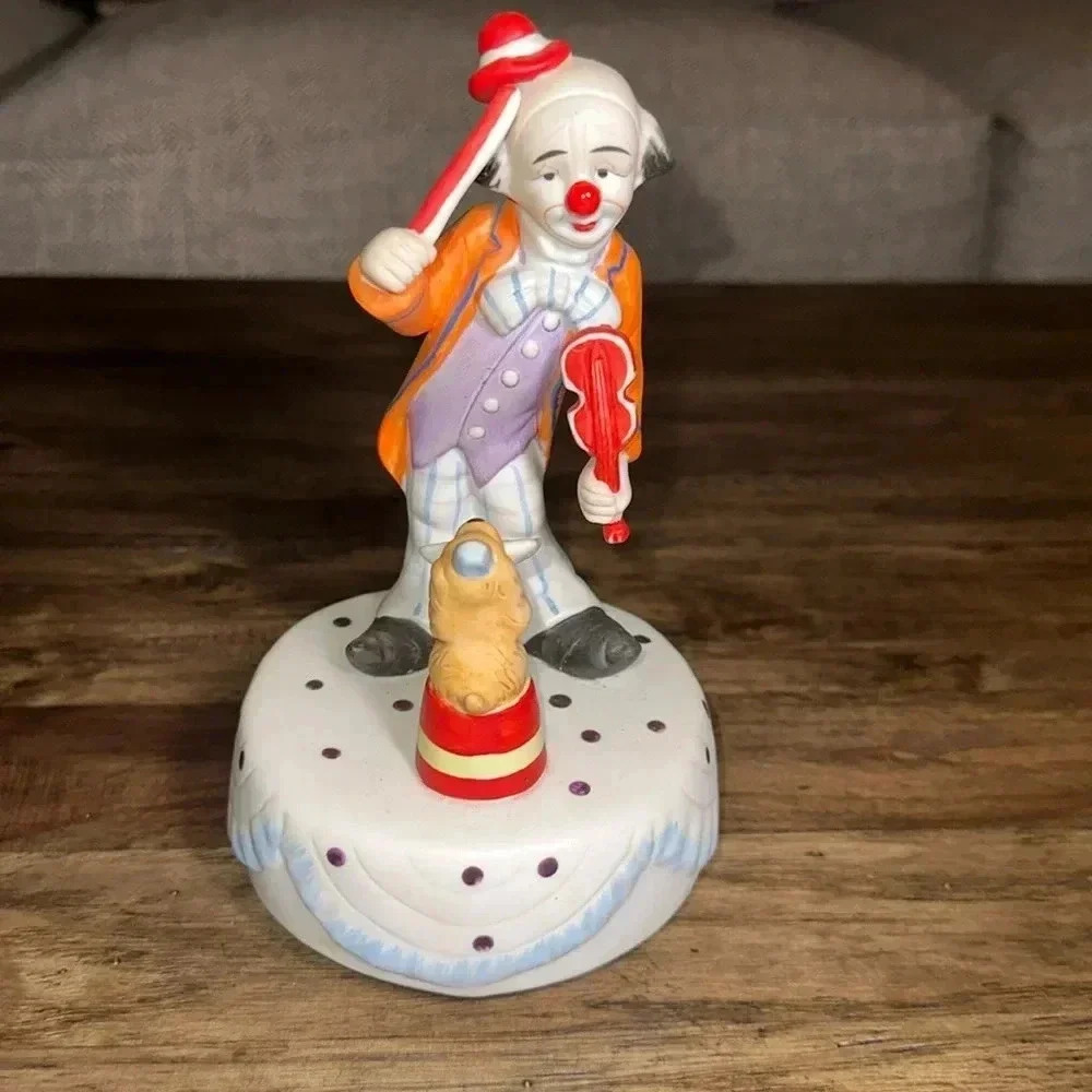 vintage porcelain clown playing violin music box with dog SEND IN THE CLOWNS